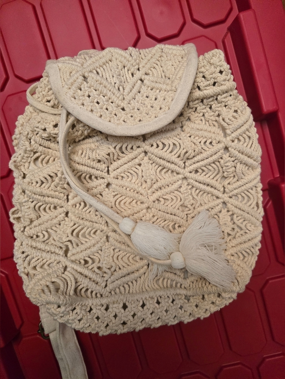 Cream Macramé Drawstring Backpack - Boho Women's Bag